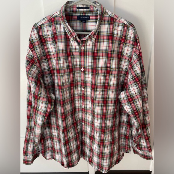 Lands’ End classic plaid men’s button down shirt XXL red white oxford preppy - Picture 3 of 10